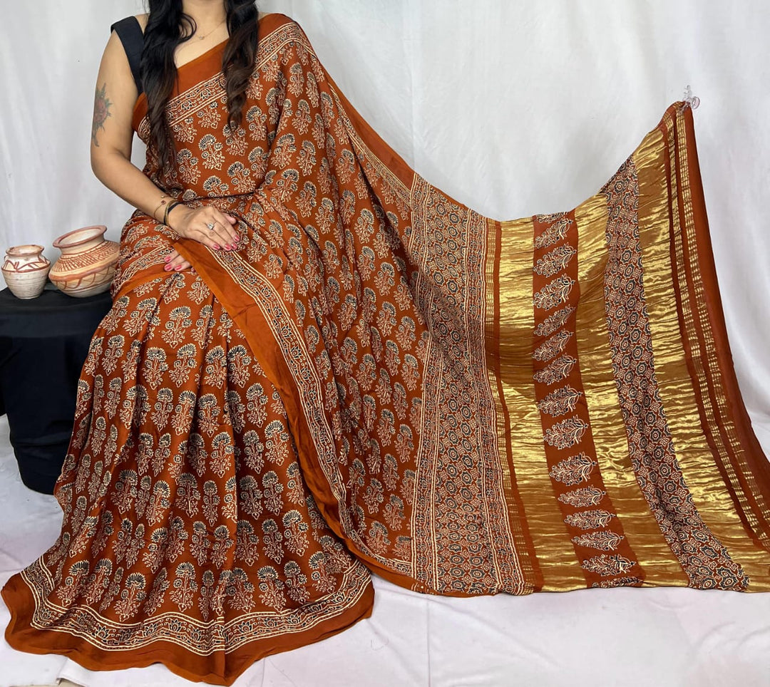 Pure Natural Dyeing Hand Block Print Modal silk saree.