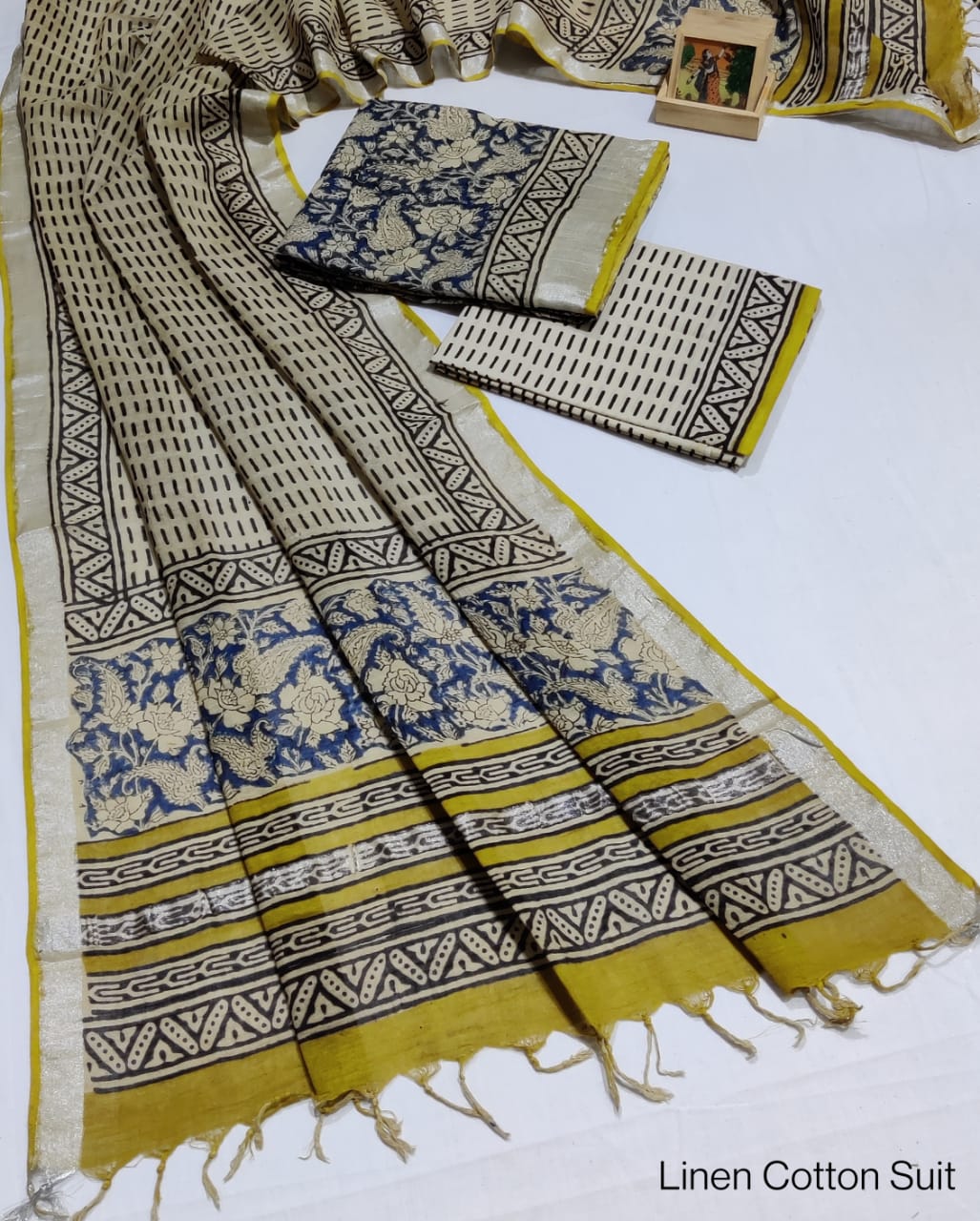 Hand Block Printed Linen Unstitched Suit .