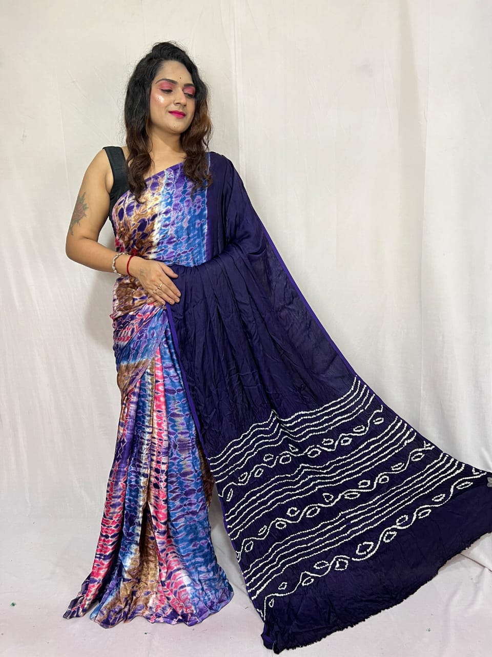 Pure Natural Dyeing Hand Block Tia&Diye Print Modal silk saree.