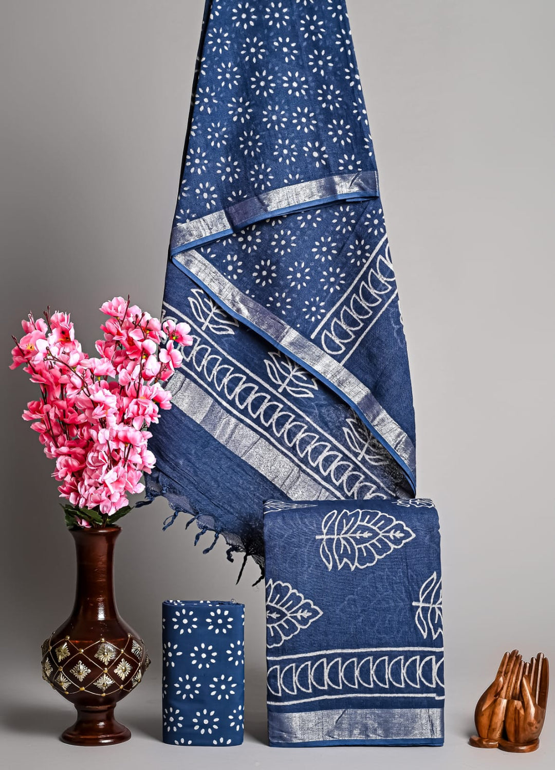 Hand Block Printed Linen Unstitched Suit .