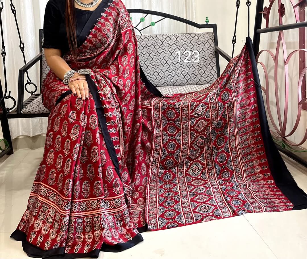 Pure Natural Dyeing Hand Block Print Modal silk saree.