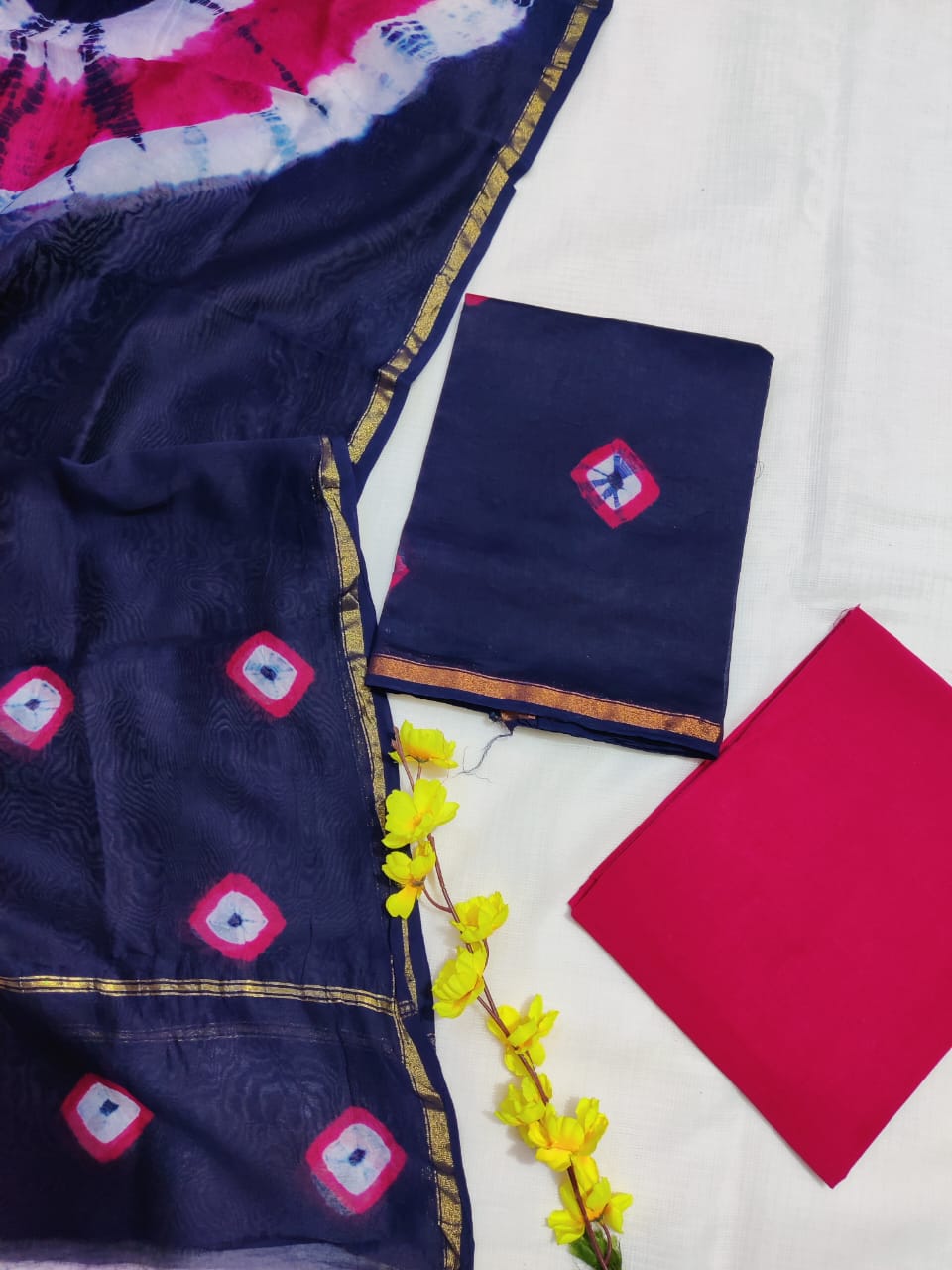 Pure Hand Block Chanderi Silk Unstitched Suit.