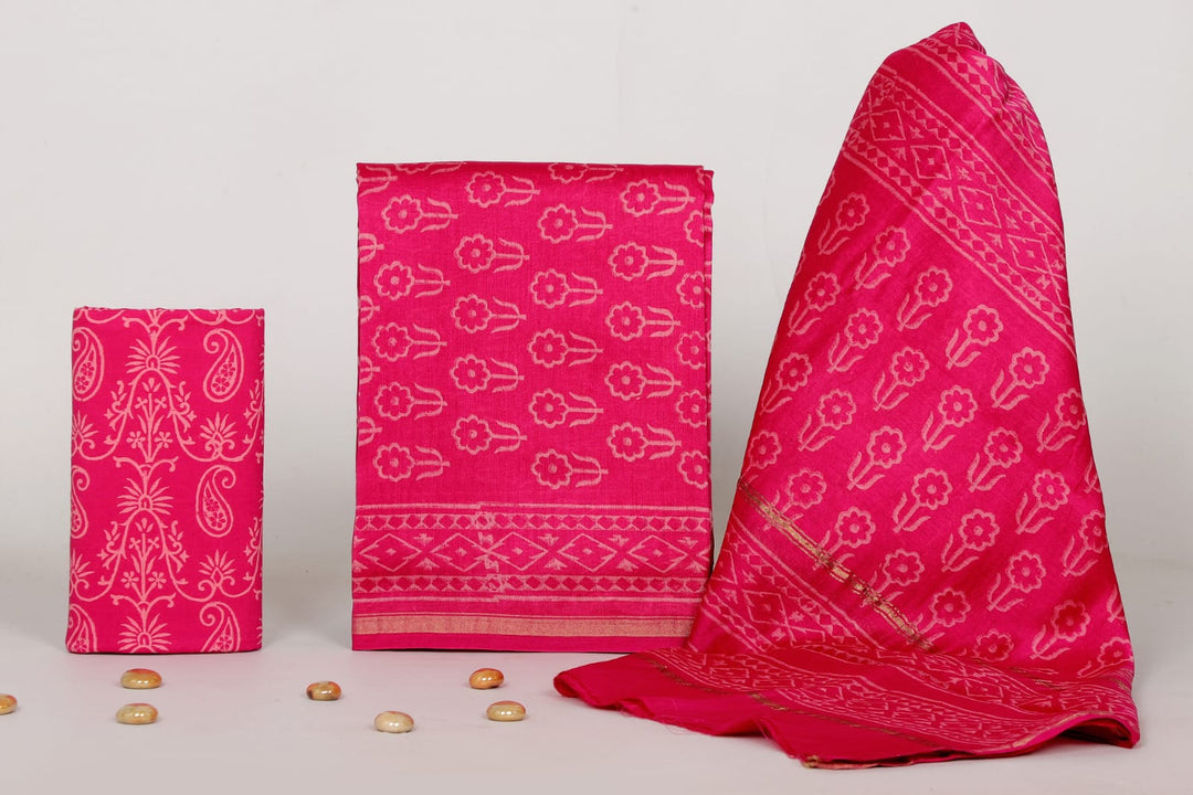 Pure Hand Block Chanderi Silk Unstitched Suit.