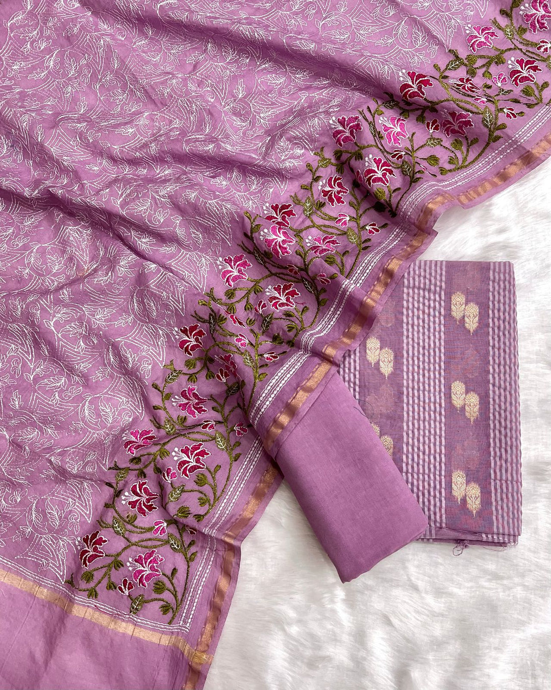 Banarasi Chanderi Cotton zari Strip Weaved UNstitched Suit.