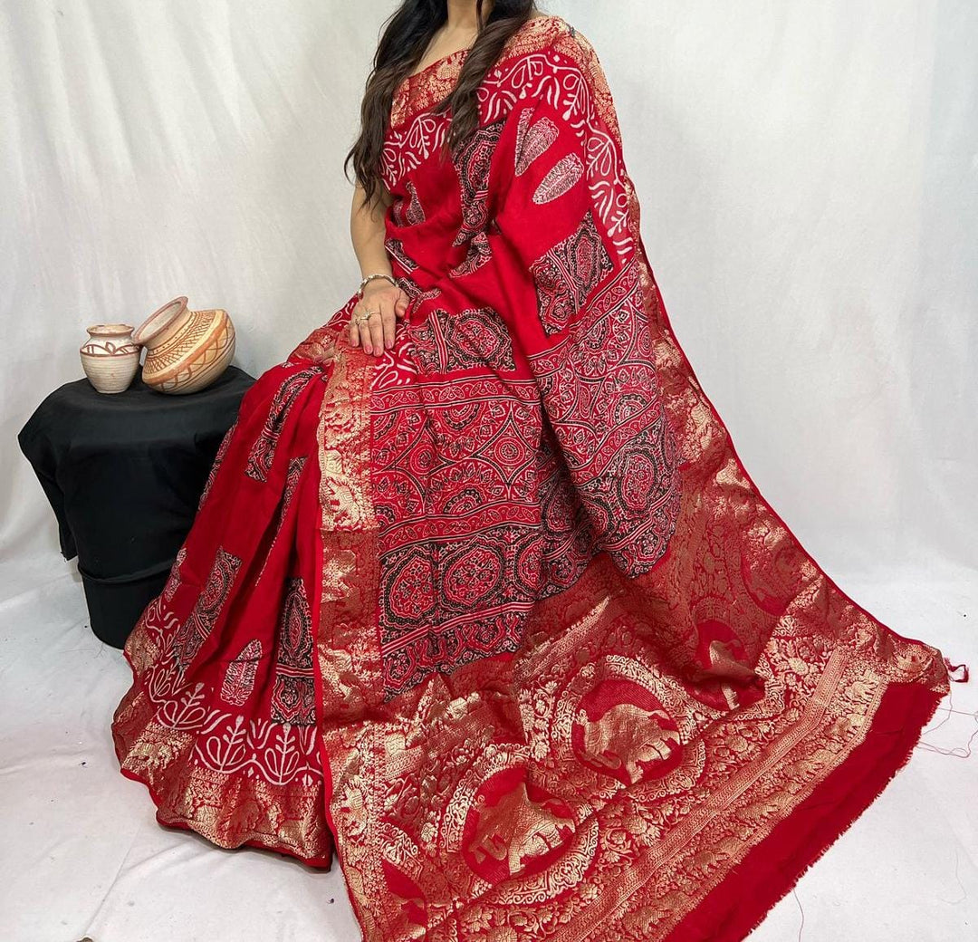 Pure Natural Dyeing Hand Block Ajrakh Print Modal silk saree.