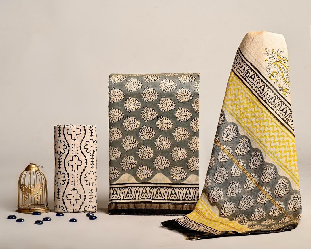 Pure Hand Block Chanderi Silk Unstitched Suit.