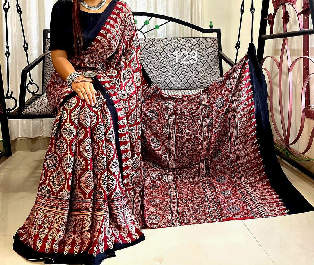 Pure Natural Dyeing Hand Block Print Modal silk saree.