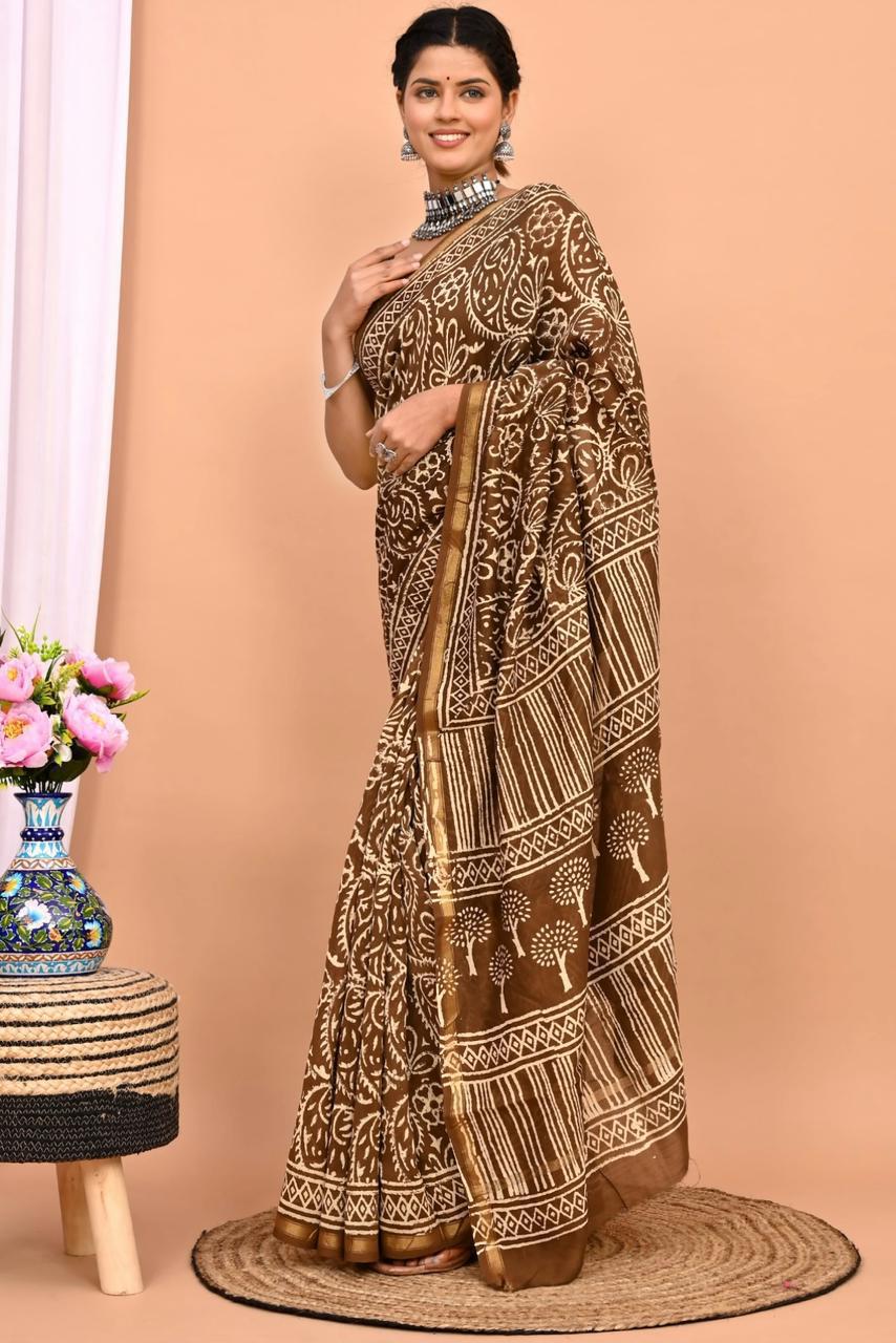 Hand Block Prninted Chanderi Saree .