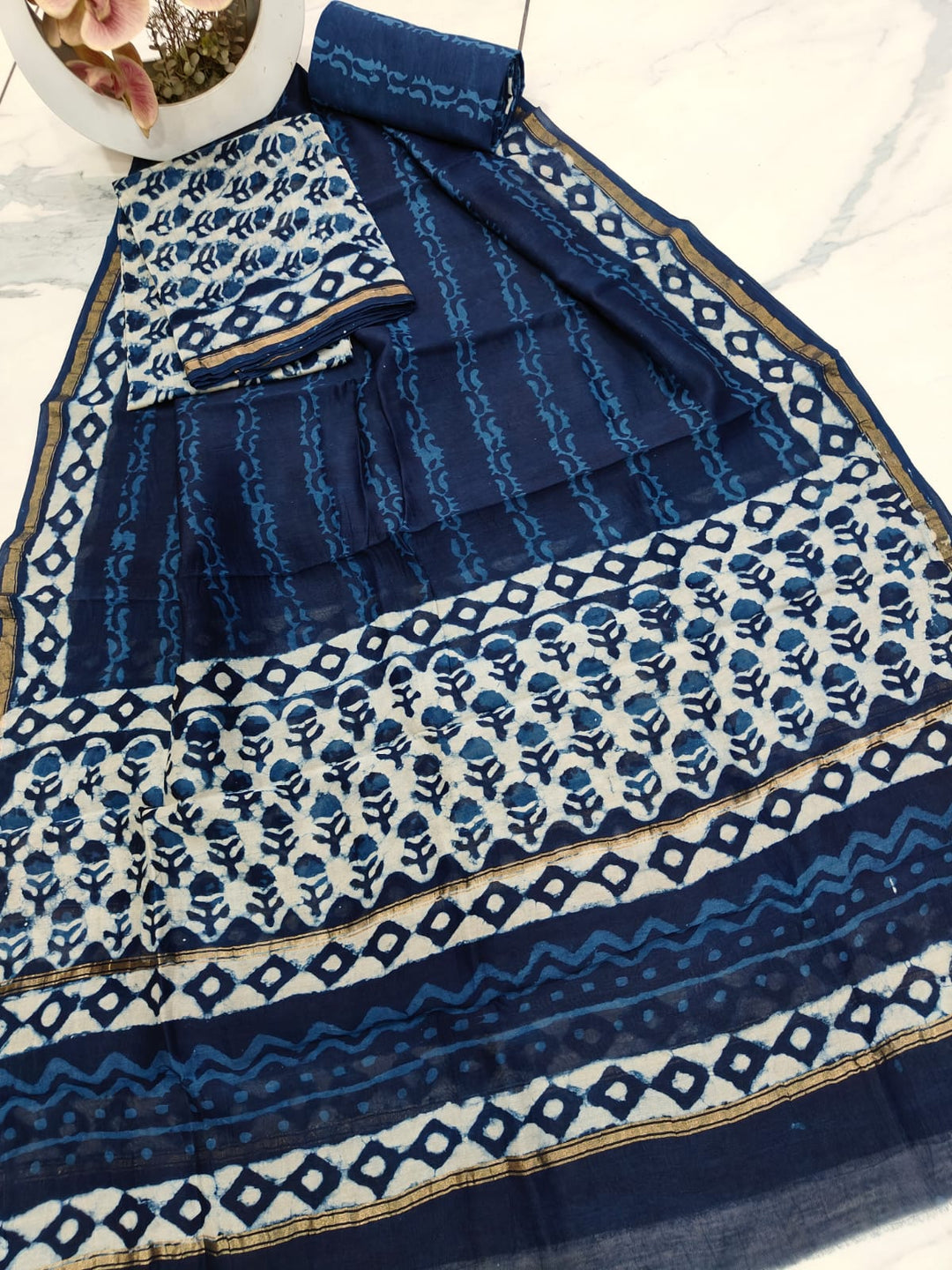 Pure Hand Block Chanderi Silk Unstitched Suit .