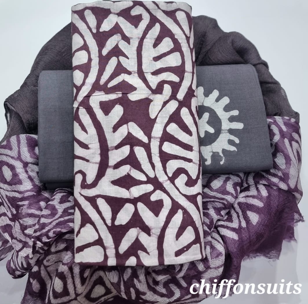 Pure Cotton Hand Block Print Unstitched Suit with chiffon dupatta .