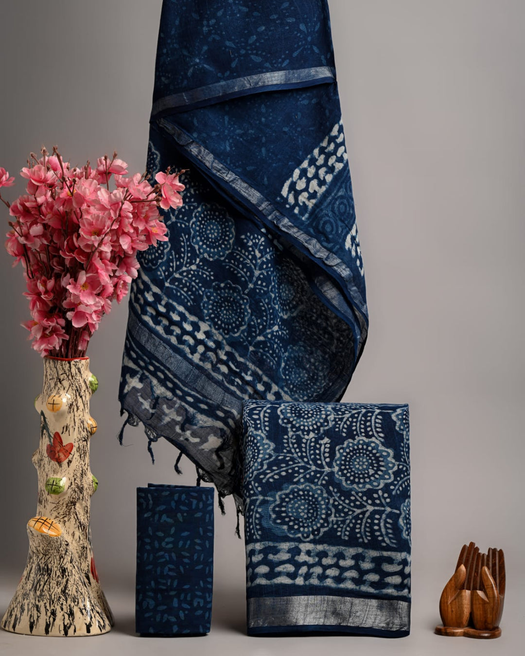 Hand Block Printed Linen Unstitched Suit .