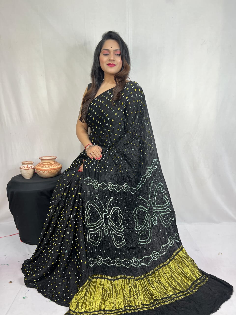 Pure Natural Dyeing Hand Block Bandhej Print Modal silk saree.