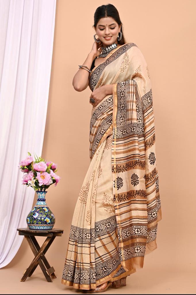 Hand Block Prninted Chanderi Saree .