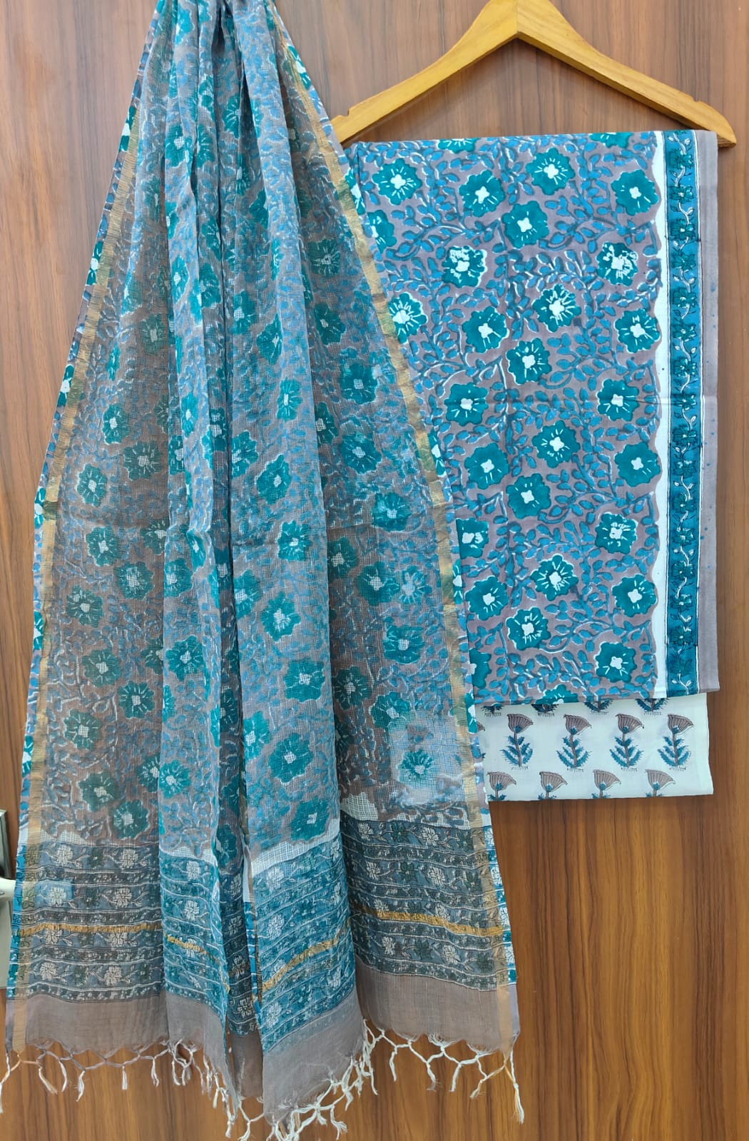 Pure Cotton Hand block print Unstitched Suit with Kota Dupatta.