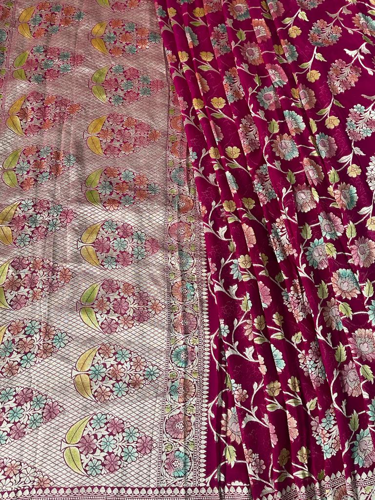 Pure Banaresi Khaddi Georgette Heavy Jaal Weaved Saree . ( Length- 6.3 Meter )