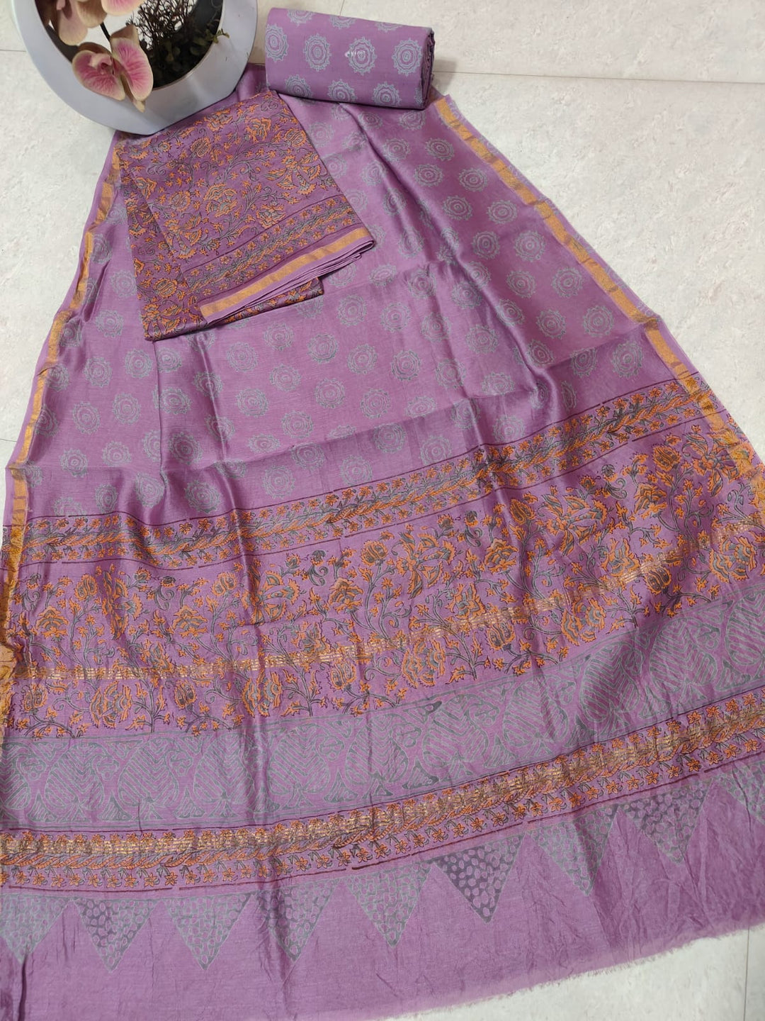 Pure Hand Block Chanderi Silk Unstitched Suit .