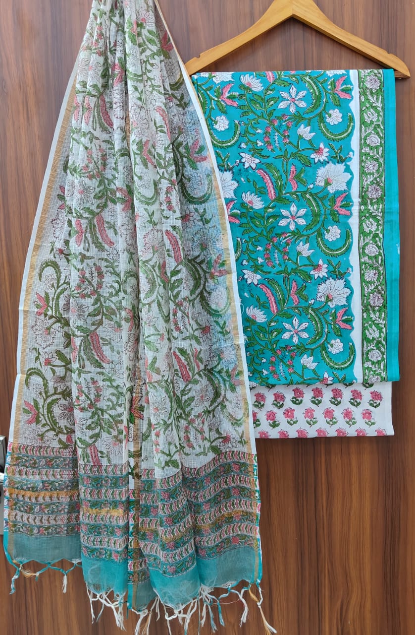 Pure Cotton Hand block print Unstitched Suit with Kota Dupatta .