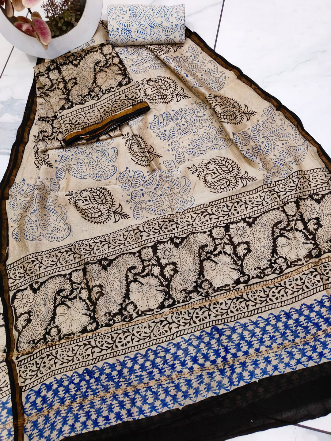 Pure Hand Block Chanderi Silk Unstitched Suit .