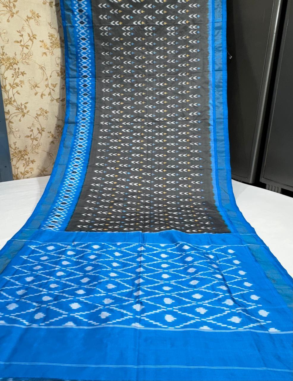 Pure Pochampally Ikkat Silk Saree With Blouse Pthani Pattern Border.