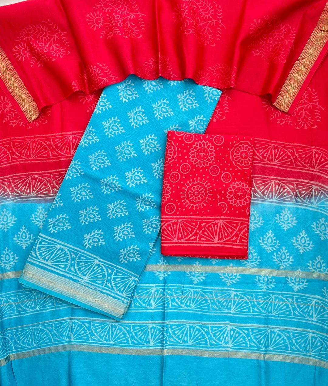 Pure Maheshwari Silk Hand block print Unstitched Suit.