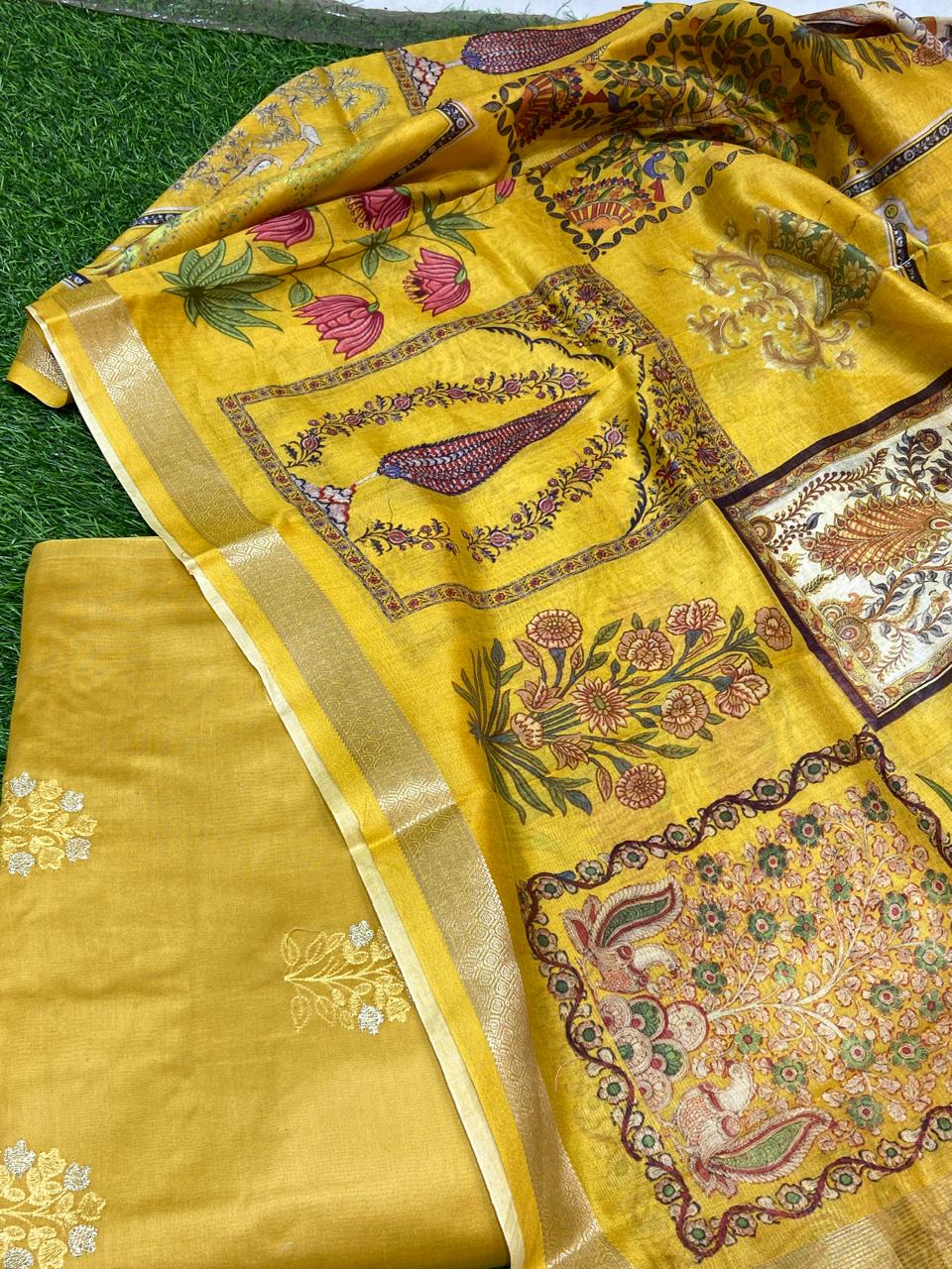 Pure Banarasi Chanderi Embroidery Unstitched Suit With Chanderi Digital Print Dupatta.