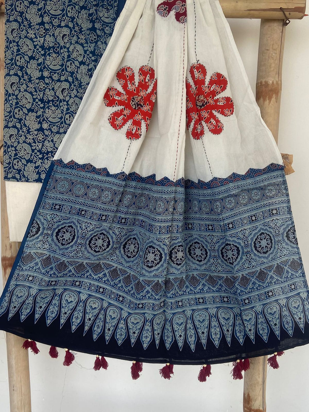 Pure Cotton Azrakh Print Unstitched suit with Patch Work Dupatta