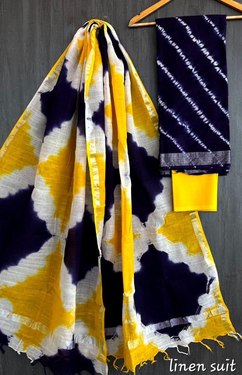 Hand Block Printed Linen Unstitched Suit .