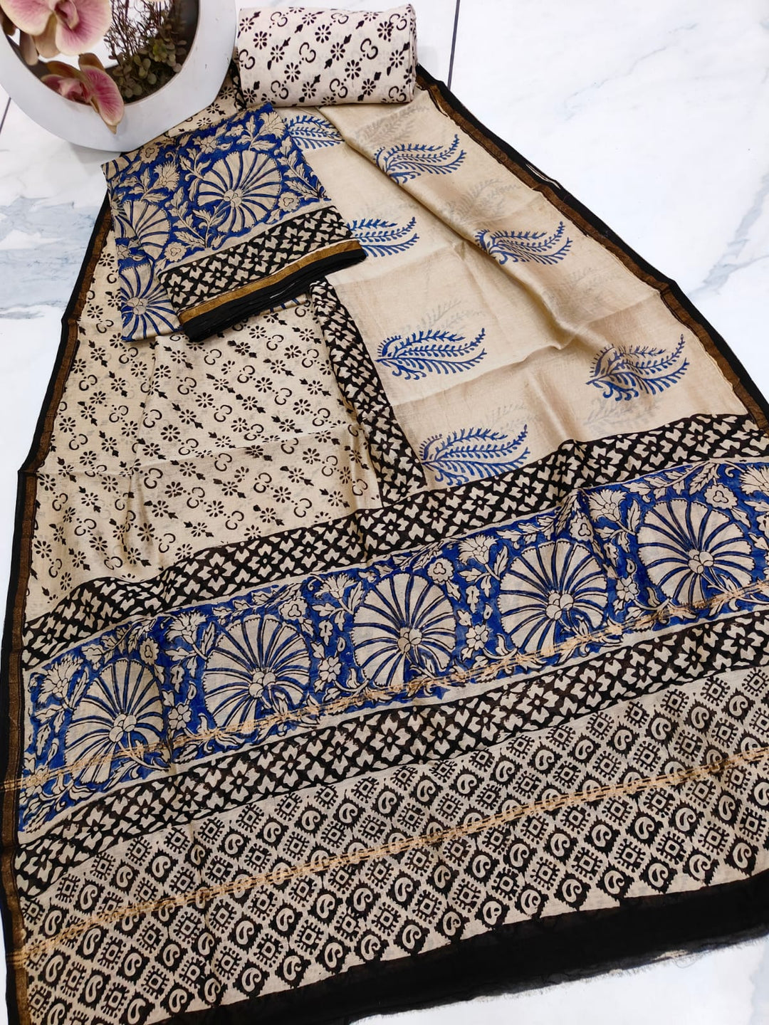 Pure Hand Block Chanderi Silk Unstitched Suit .