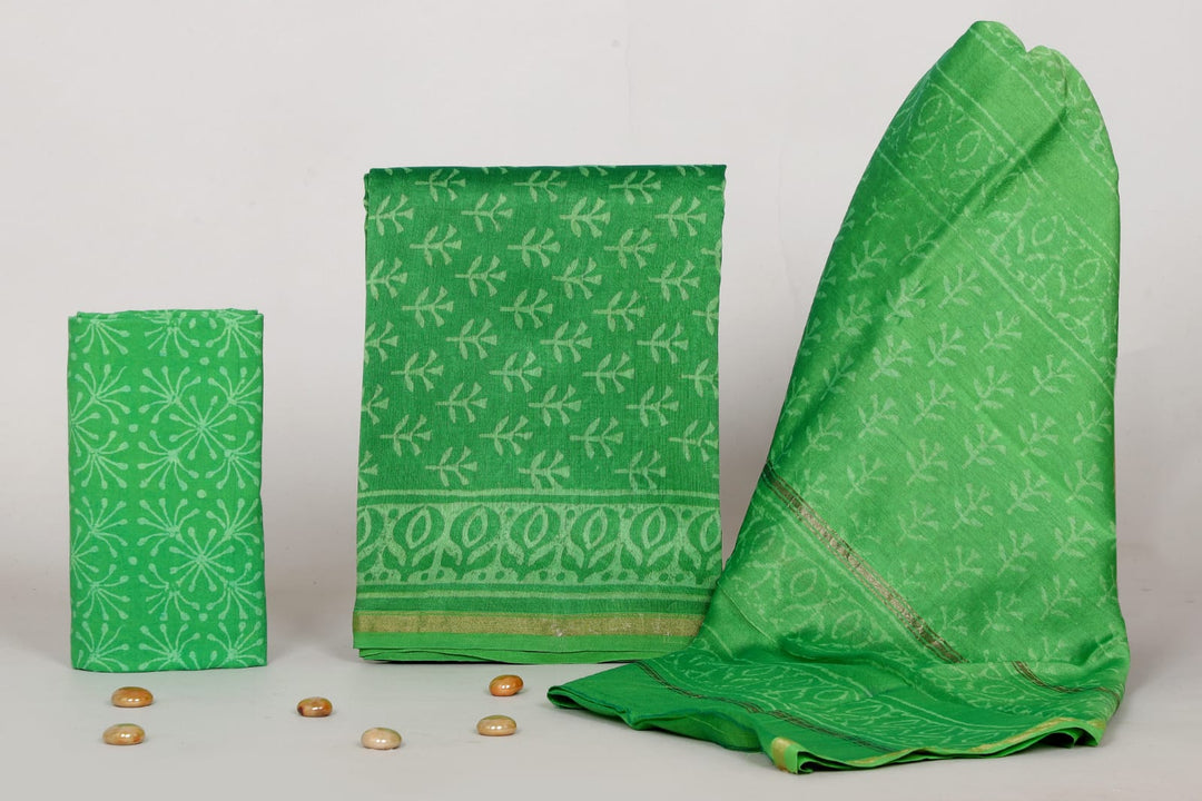 Pure Hand Block Chanderi Silk Unstitched Suit.