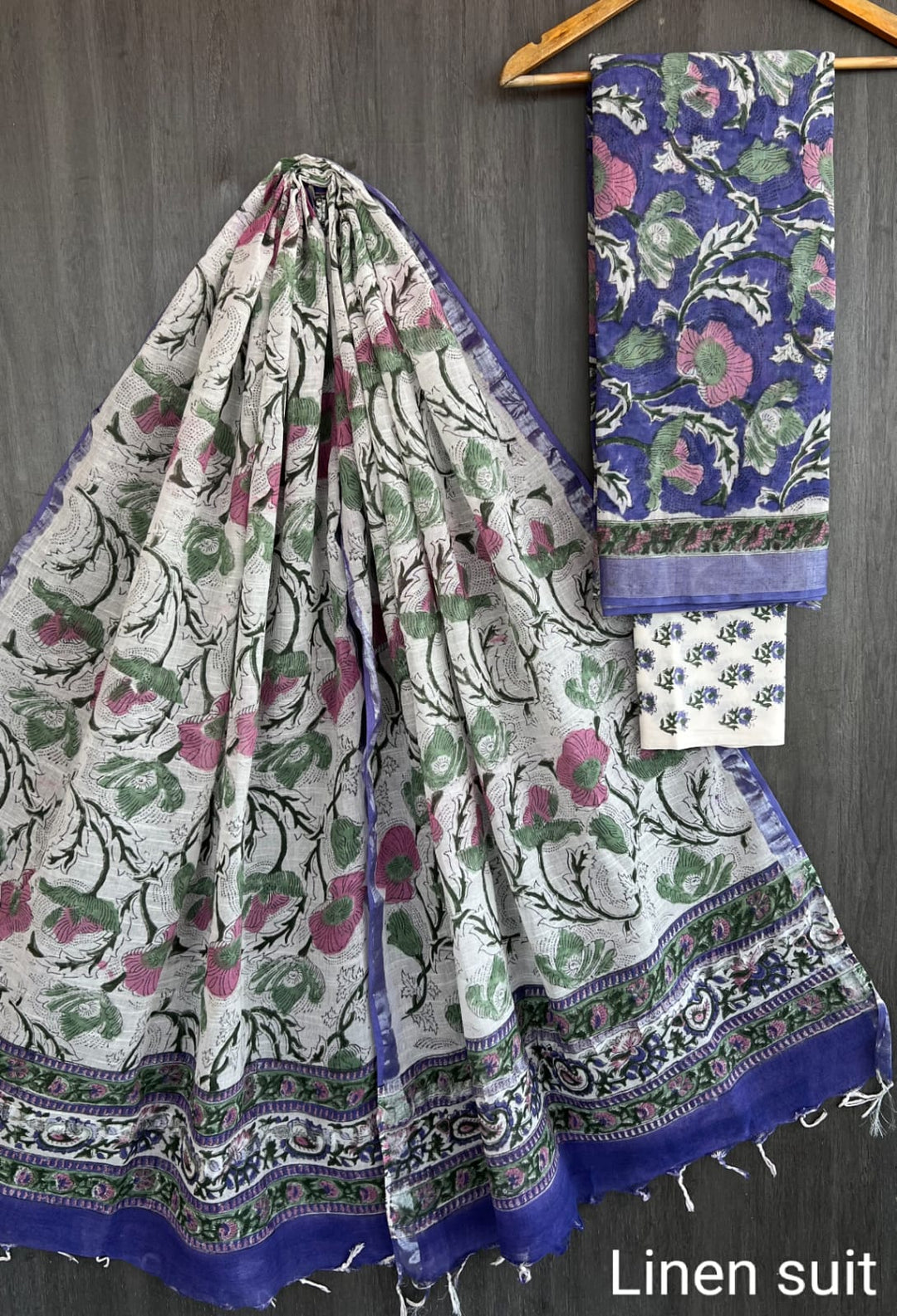 Hand Block Printed Linen Unstitched Suit .