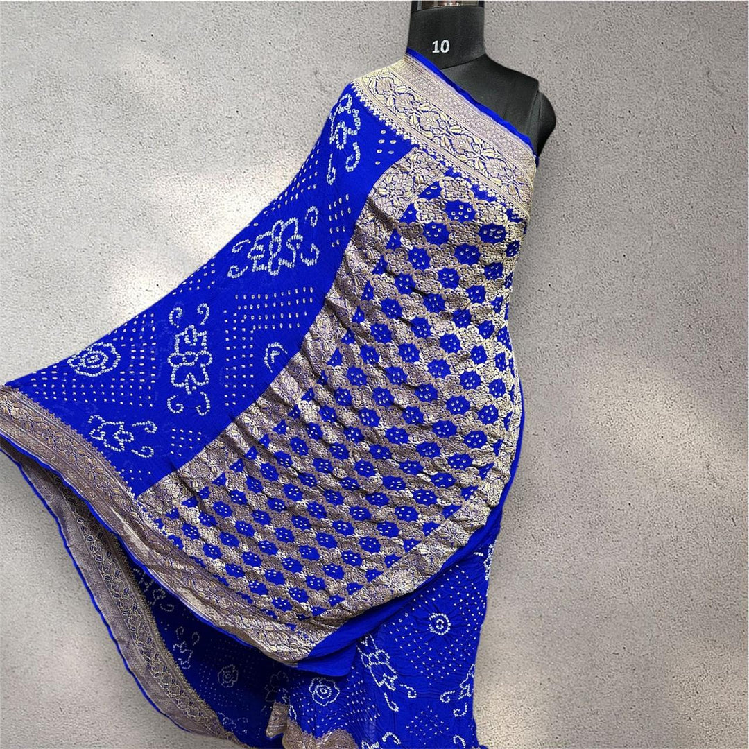 Pure Khaddi Georgette Handloom Neem Zari Work saree With Raiy Bandhej .