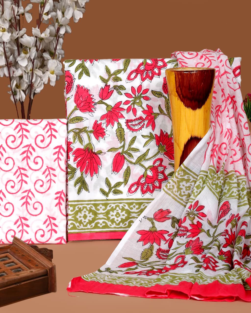 Pure Cotton Hand Block Print Unstitched Suit with Cotton Dupatta.