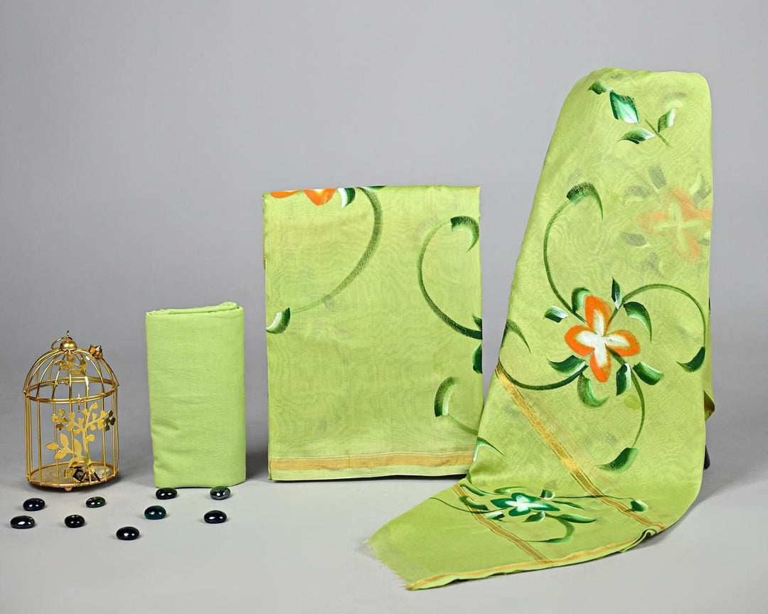 Pure Hand Block Chanderi Silk Unstitched Suit.