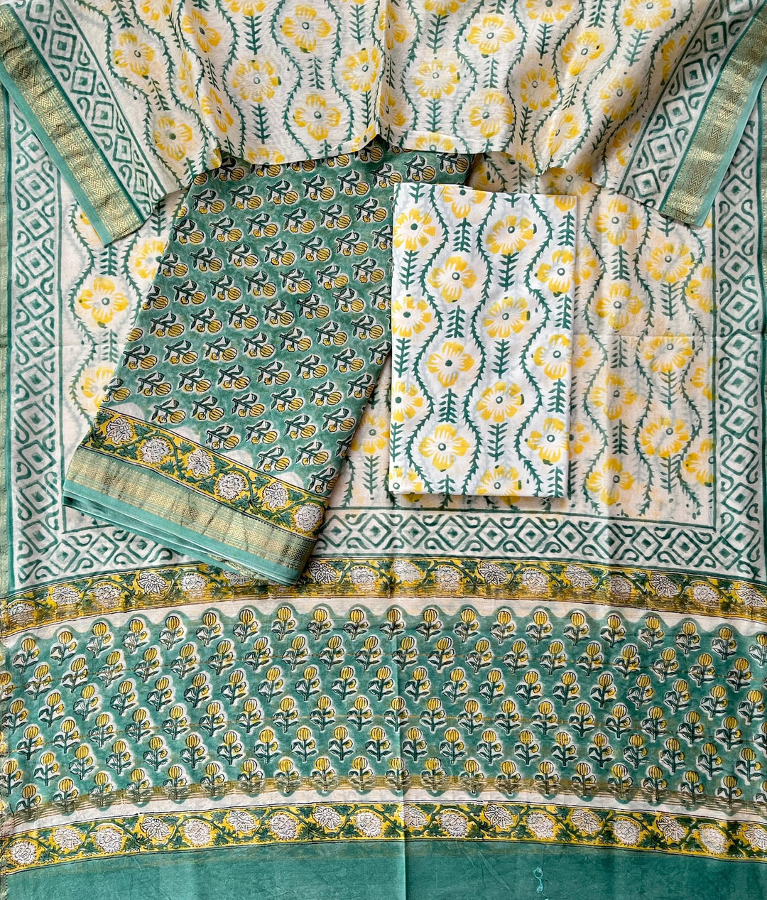 Pure Maheshwari Silk Hand block print Unstitched Suit.