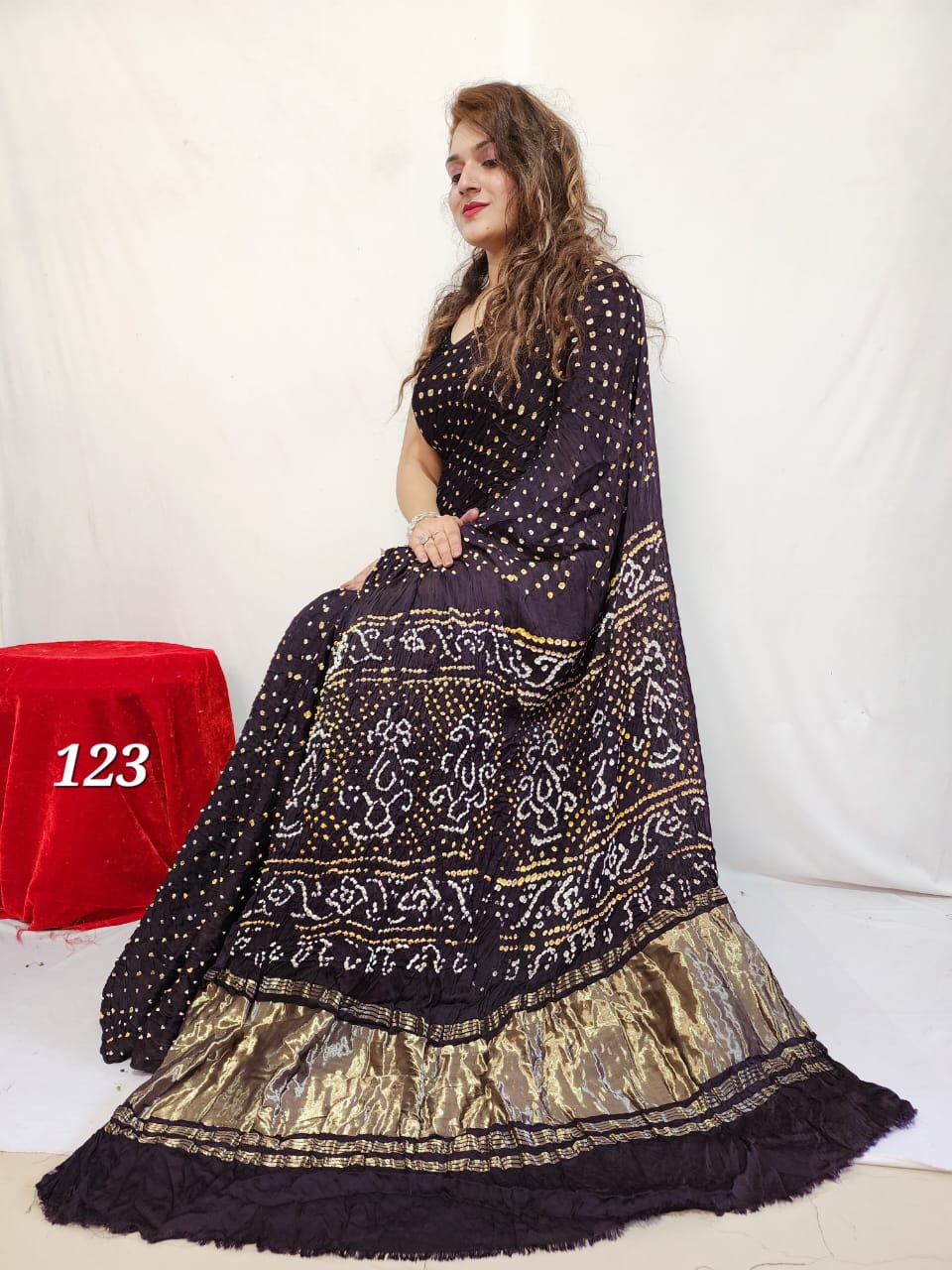 Pure Natural Dyeing Hand Block Bandhej Print Modal silk saree.