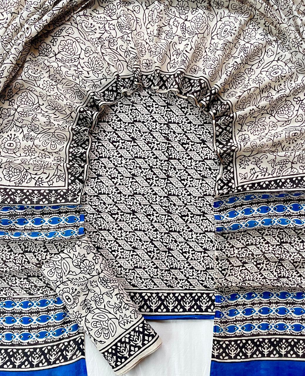 Pure Cotton Hand Block Printed Unstitched Suit Set With Cotton Dupatta.