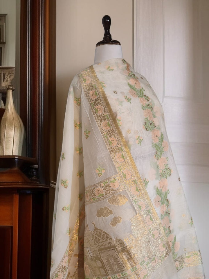 Pure Banarasi Chanderi Tilfi Work Unstitched Suit.