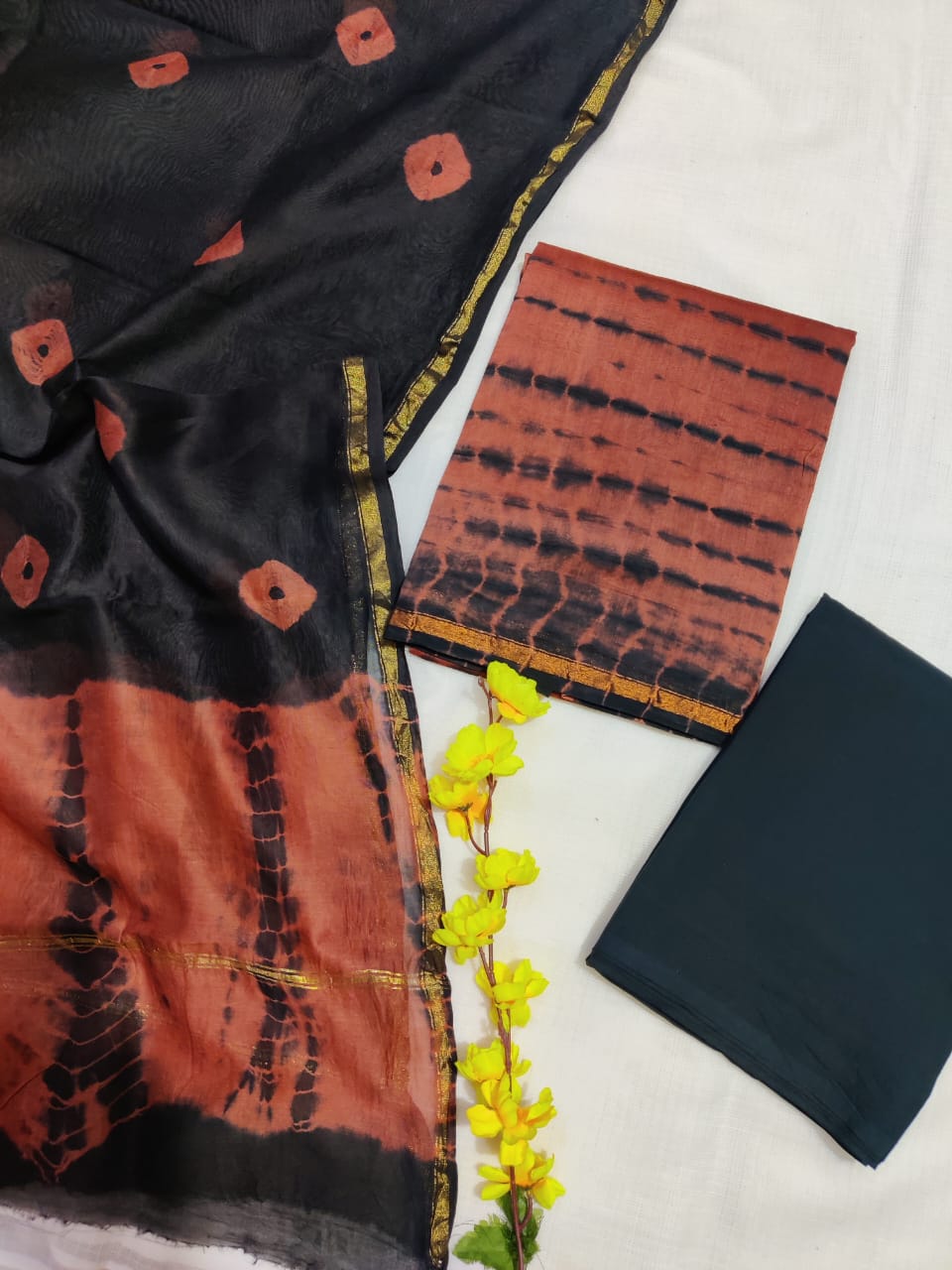 Pure Hand Block Chanderi Silk Unstitched Suit.