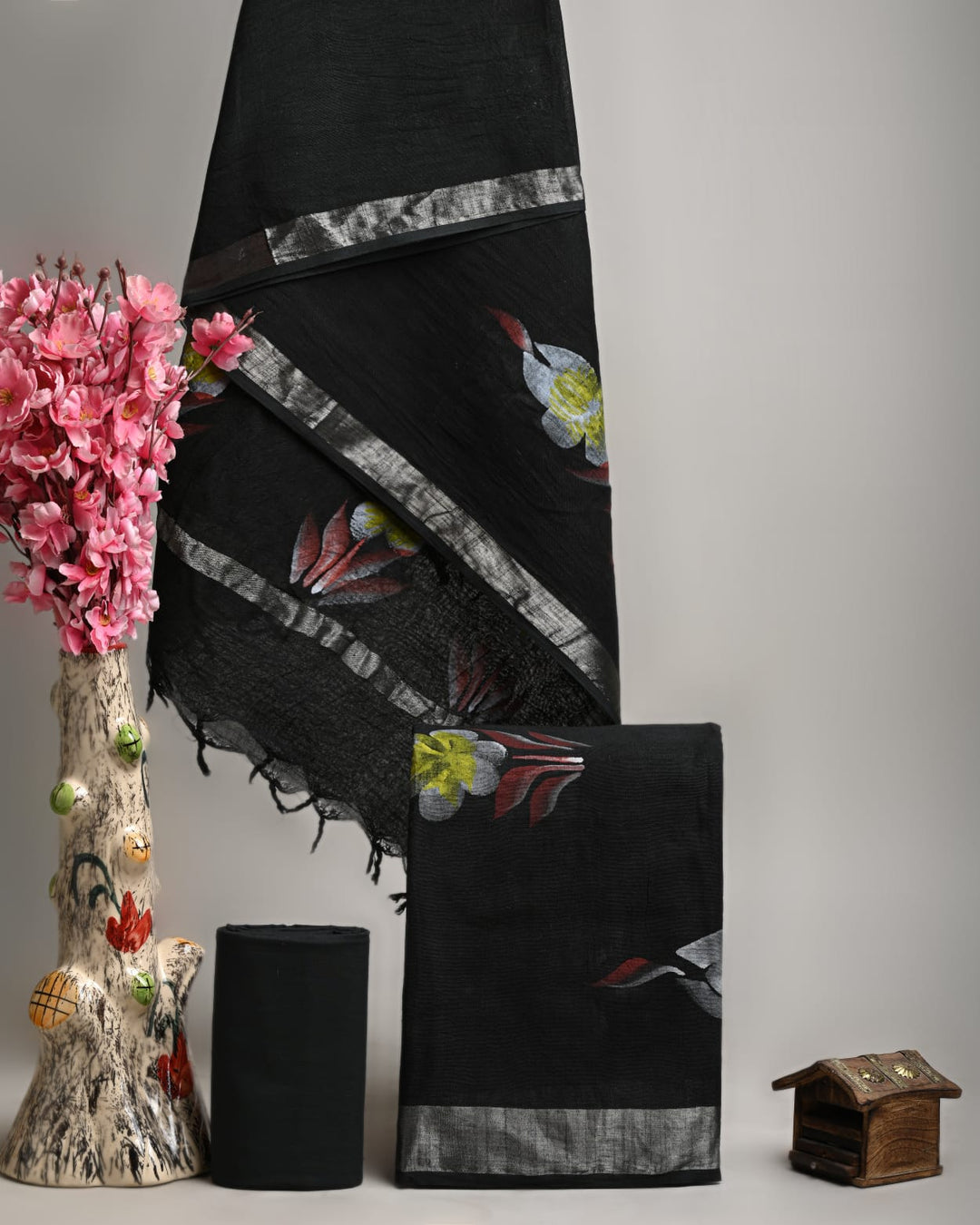 Hand Block Printed Linen Unstitched Suit .