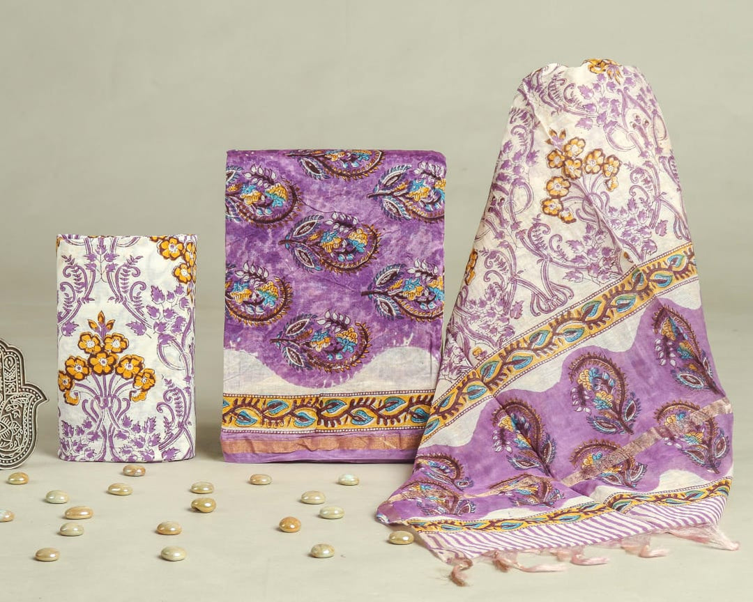 Pure Hand Block Chanderi Silk Unstitched Suit.