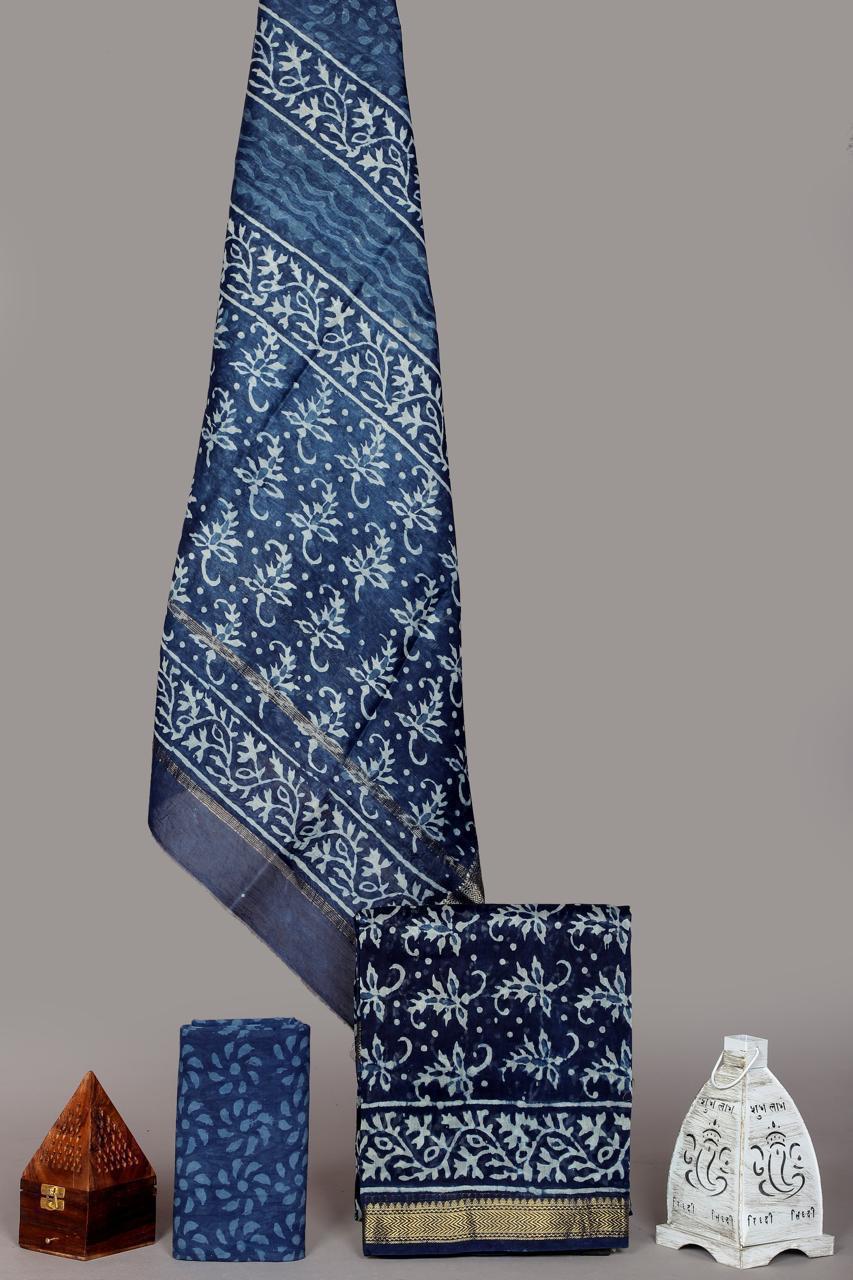 Pure Maheshwari Silk Hand block print Unstitched Suit.