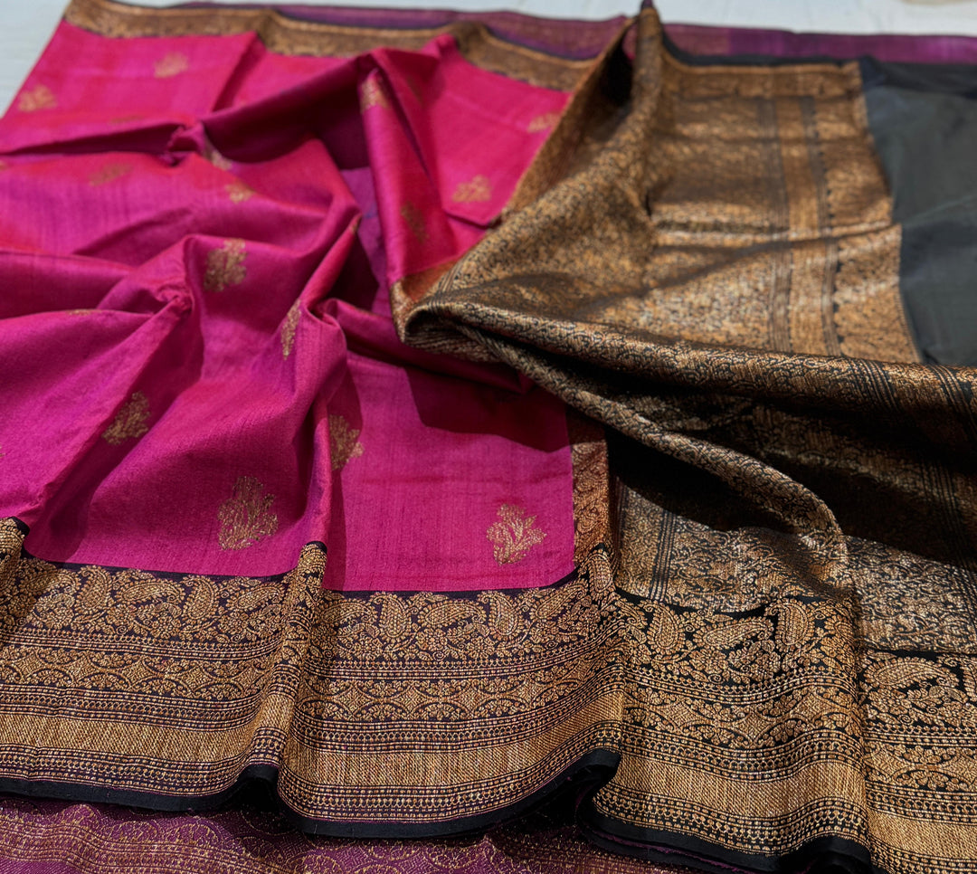 HandloomPure Banarasi Tussar Silk Saree With Kadhuwa Border Work.
