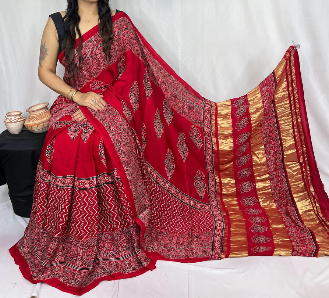Pure Natural Dyeing Hand Block Print Modal silk saree.