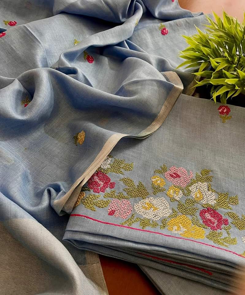 Bhagalpuri Linen By Linen Embroidery Unstitched suit.