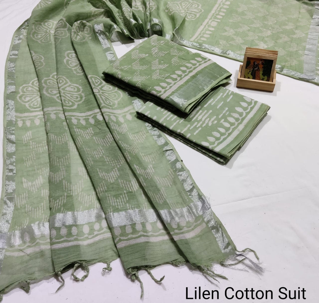 Hand Block Printed Linen Unstitched Suit .