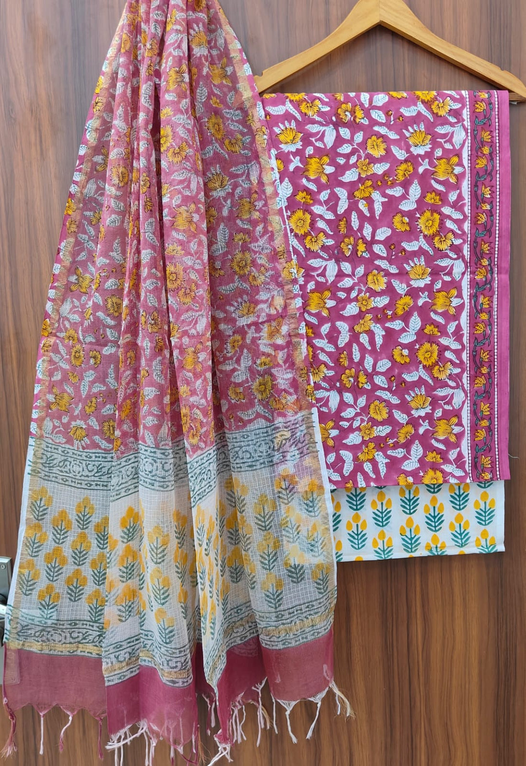 Pure Cotton Hand block print Unstitched Suit with Kota Dupatta.