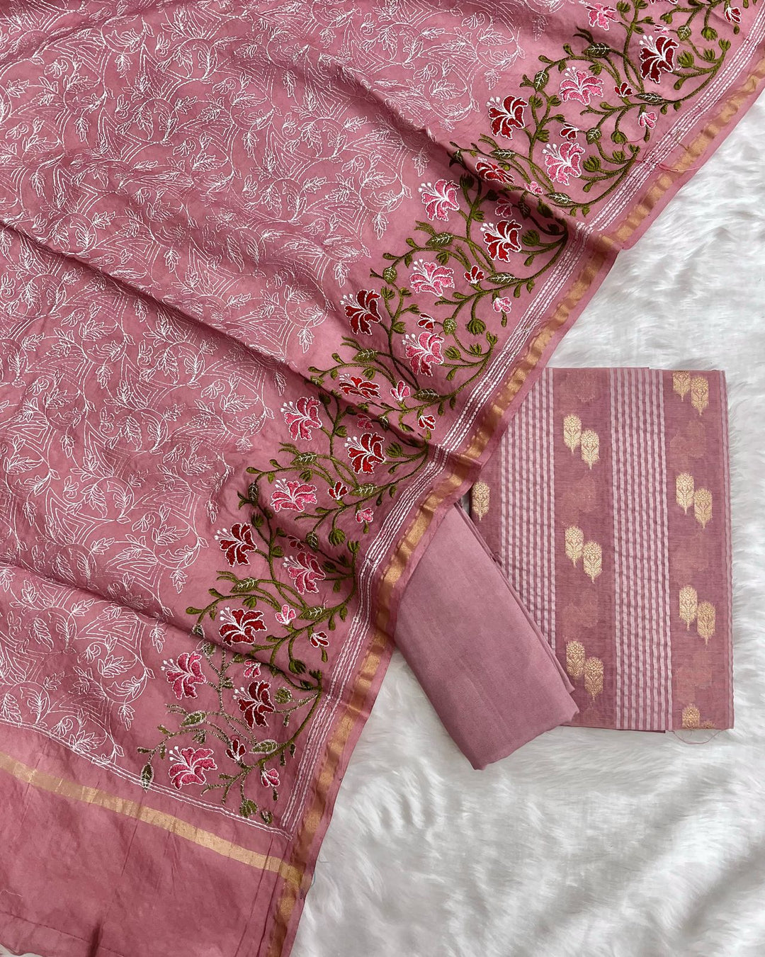 Banarasi Chanderi Cotton zari Strip Weaved UNstitched Suit.