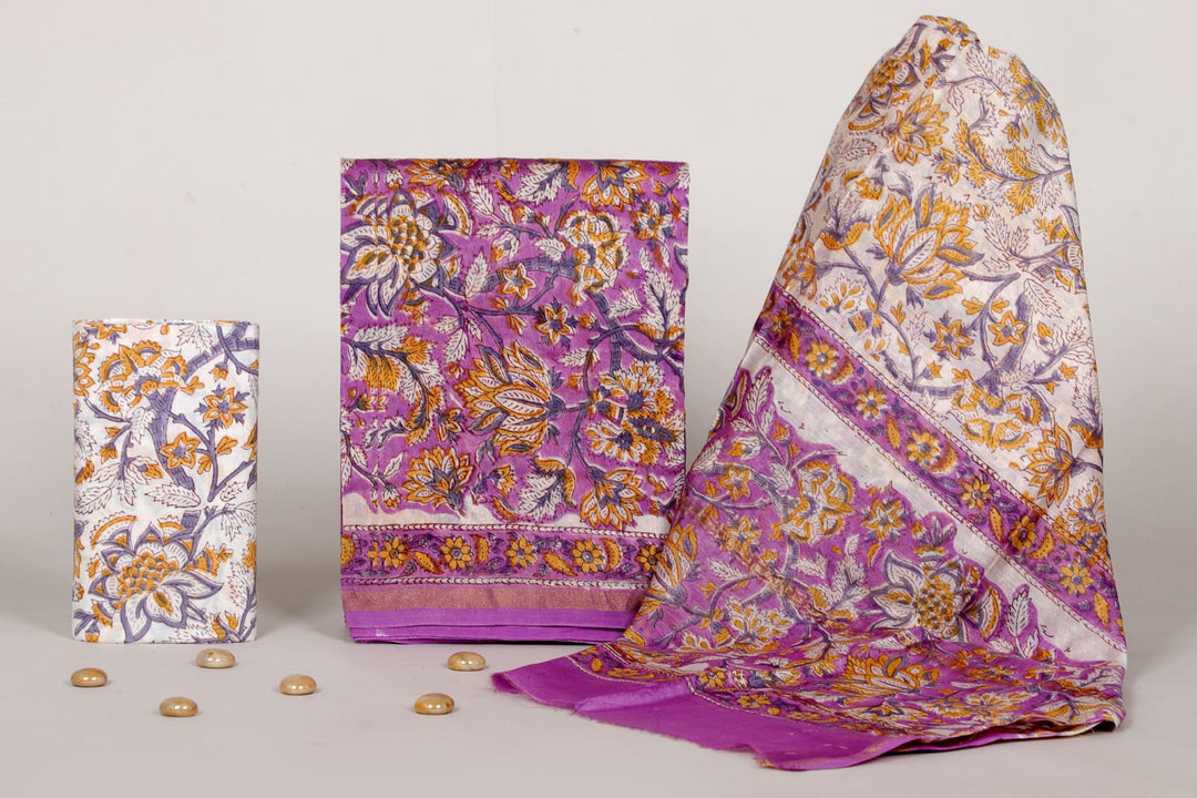 Pure Hand Block Chanderi Silk Unstitched Suit