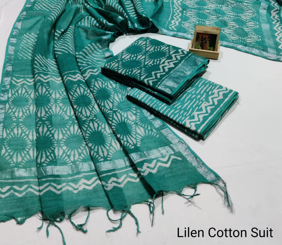 Hand Block Printed Linen Unstitched Suit .