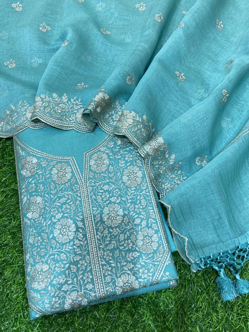 Pure Banarasi Resham Mal Chanderi Silk Zari Unstitched Suit with Beautiful Neck Embroidery.